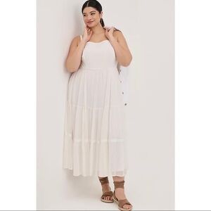 NWT TORRID Tiered Tea Length Chiffon and Lurex White Dress with Gold Stripes